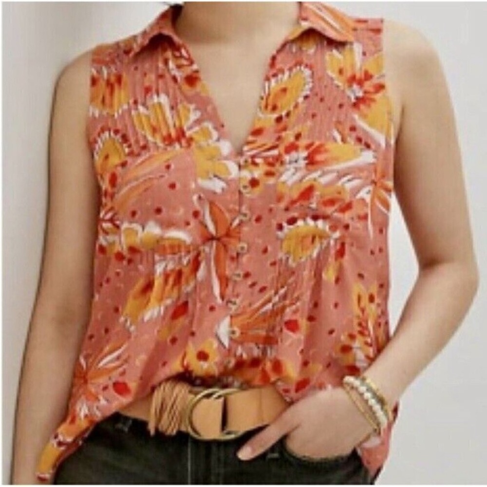 Vera for‎ Anthropologie Floral Sleeveless Top Womens Medium Orange Pintucked